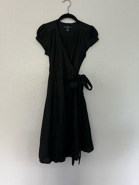 GAP Black Wrap Dress with Tie Waist and Puff Sleeves